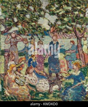 Picknick AM EINLASS, von Maurice Brazil Prendergast, 1918-23, Amerikanische Malerei, Öl auf Leinwand. In diesem Spätwerk des Künstlers, kehrt er zu einem Lieblingsthema, Menschen am Strand. Es ist in der Person, die er von französischen Impressionismus entwickelt und der Einfluss der Nabis Maler (BSLOC 2017 7 152) lackiert Stockfoto