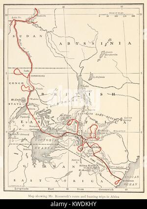 Karte der Route der Smithsonian-Roosevelt African Expedition, Mai 1909 - März 1910. Theodore Roosevelts Safari kam in Monbasa und in British East Africa gejagt, im Nordosten Belgisch Kongo und Sudan. Die Safari endet in Khartum am 13. März 1910 (BSLOC 2017 8 17) Stockfoto