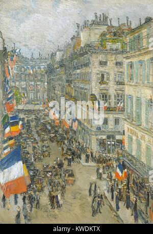 Juli 14, rue Daunou, Childe Hassam, 1910, Amerikanische Malerei, Öl auf Leinwand. Hassam beschrieb dies als 14. Juli vom Balkon, der die Straße das Hotel l'Empire zeigt während der Bastille Tag feiern (BSLOC 2017 9 22) Stockfoto