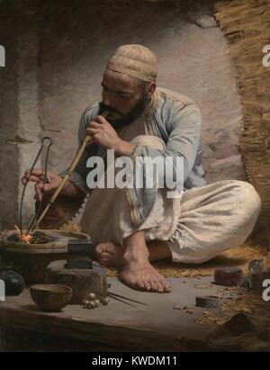 Die arabischen Juwelier, von Charles Sprague Pearce, 1882, Amerikanische Malerei, Öl auf Leinwand. Eine Arabische artisan ist mit einem starken Gefühl der Lichtintensität und Lautstärke gemalt. Der Künstler studierte in Paris und nach Ägypten in den 1870er Jahren reiste. (BSLOC 2017 10 107) Stockfoto