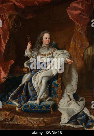 LOUIS XV, von Hyacinthe Rigaud, 1714, französischer Malerei des Barock, Öl auf Leinwand. Er bestieg den Thron im Alter von fünf Jahren, sein Urgroßvater Erfolg, und regierte von 1714 bis 1774 (BSLOC 2017 10 111) Stockfoto