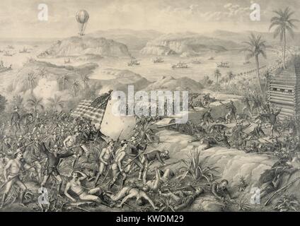 Schlacht von El Caney erfolgte am 1. Juli 1898 kämpften, während des spanisch-amerikanischen Krieg in Kuba. Die US-Streitkräfte die Stadt und Anlagen erfasst die wichtigsten Angriff auf den San Juan Höhen zu unterstützen. Im Hintergrund sind die Spanischen Schiffe in der Bucht von Santiago blockiert durch US Navy ganz rechts. Das US-Militär verwendet Beobachtung Ballons während der Santiago Campaign (BSLOC 2017 10 29) Stockfoto