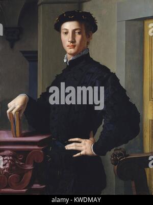 Porträt eines jungen Mannes, von Bronzino, 1530 s, italienische Renaissance Malerei, Öl auf Holz. Die sitter ist gedacht, um eine von Bronzinos literarischen Freunde in Florenz. Es sind geschnitzte groteske Köpfe auf den Tisch und Stuhl (BSLOC 2017 16 79) Stockfoto