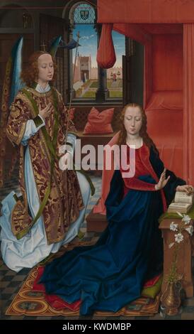 Die Verkündigung, von Hans Memling, 1465-70, Niederländischen, Northern Renaissance Öl Malerei. Die Ankündigung der Engel Gabriel der Jungfrau Maria, dass Sie schwanger werden würde und sich die Mutter von Jesus, der Sohn Gottes (BSLOC 2017 16 93) Stockfoto