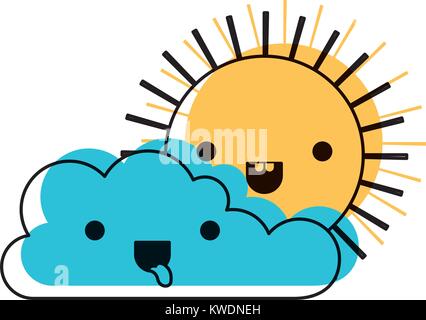 Kawaii Wolke und Sonne in Aquarell Silhouette Stock Vektor