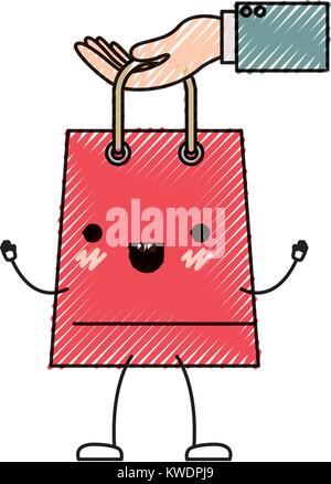 Hand mit einem Trapezförmigen kawaii animierte Shopping Bag in farbige Kreide Silhouette Stock Vektor