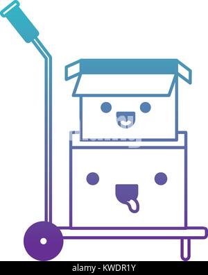 Hand-Lkw mit kawaii Kartons gestapelt und ein in den Fehlermodus Blau bis Violett Farbe Kontur geöffnet Stock Vektor