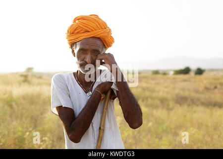 Porträt eines Kamels Händler auf seinen Stock mit seiner Herde weiden im Busch in der Nähe des jährlichen Pushkar Camel Fair, Pushkar, Rajasthan, Indien Stockfoto