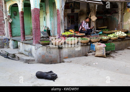 Straßenszene in Pushkar, Obst Anbieter prüfen, sein Telefon zu den roten Säulen der green building, Rajasthan, Indien. Stockfoto