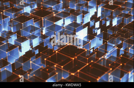 3D-Illustration, abstrakten Hintergrund von Kuben und miteinander verbundenen Linien, technologische Verbindungen. Stockfoto