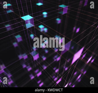 3D-Illustration, abstrakten Hintergrund von Kuben und miteinander verbundenen Linien, technologische Verbindungen. Stockfoto