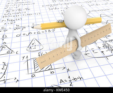 Dude 3D-Charakter tragen große hölzerne Lineal und gelben Bleistift. Wandern auf gridpaper mit mathematischen Symbolen. 3D-Render. Stockfoto