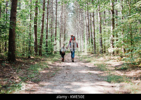 Ansicht der Rückseite des Mutter und Kinder mit Rucksack wandern im Wald Stockfoto