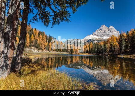 Reflexionen in See Antorno, Misurina, Auronzo di Cadore, Italien, Europa. Stockfoto