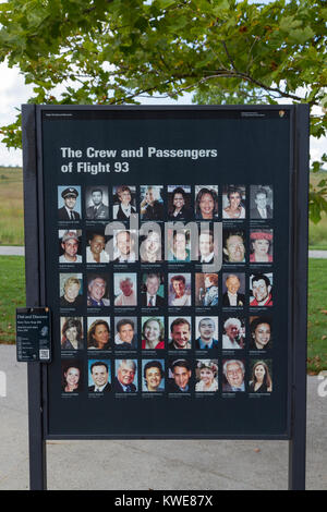 Panel mit Crew und Passagiere auf United 93 Flug 93 National Memorial Site Visitor Centre in der Nähe von Shanksville, Pennsylvania, USA. Stockfoto