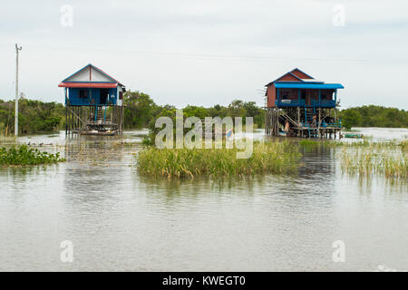 Zwei blaue Häuser aus Holz und Metall, auf Stelzen gebaut, schwimmend auf den Tonle Sap Fluss See während der regnerischen Monsunzeit, Kampong Phluk Village, Siem Reap Stockfoto