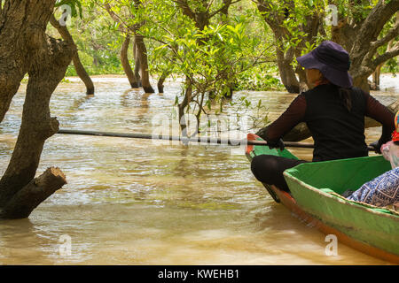 Asiatische kambodschanischen Frau mit schwarzen und einen Hut Paddeln in einem Kanu, erkunden floating Wald überschwemmten Wald in Kampong Phluk, Tonle Sap See Kambodscha Stockfoto