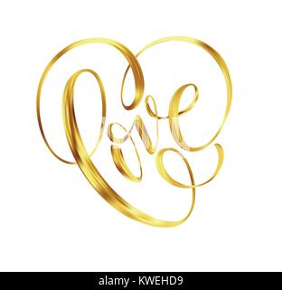 Liebe gold Schriftzug text auf Hintergrund, hand Buchstaben gemalt, golden Valentines Tag handgeschriebenen Kalligraphie für Grußkarten, Einladung, Hochzeit, Datum speichern. Vector Illustration Stock Vektor