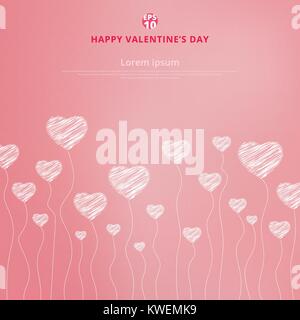 Happy Valentines Tag mit weißer Hand gezeichnet Herzen auf rosa Hintergrund. Kopieren Sie Platz. Vector Illustration Stock Vektor