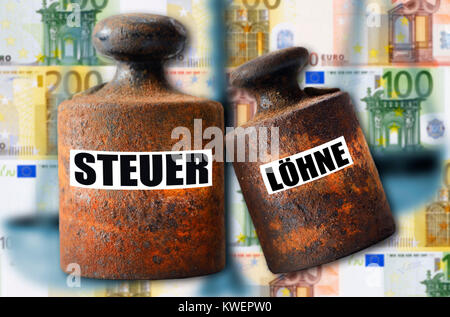 Gewichte mit dem Label Steuern und Löhne, symbolische Foto kalte Progression, Gewichte mit der Aufschrift Steuer und L?hne, Symbolfoto Kalte Progression, Gew Stockfoto