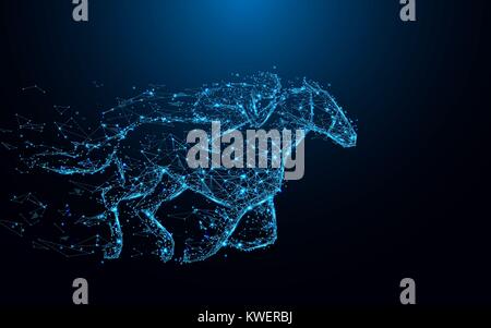 Abstrakte Jockey auf dem Pferd form Linien und Dreiecken, Punkt anschließen Netzwerk auf blauem Hintergrund. Abbildung: Vektor Stock Vektor