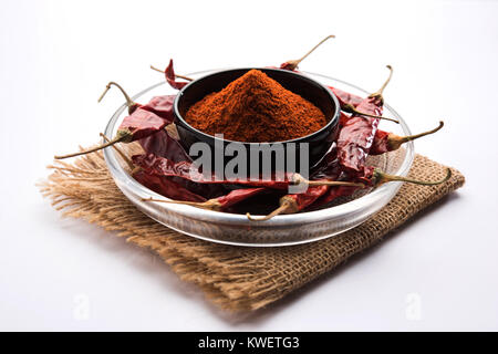 Rot Kühl Pulver in eine Schüssel mit Getrocknete rote Chilis auf farbigen Hintergrund oder Stapel von red chili Pulver über einfachen Hintergrund Stockfoto