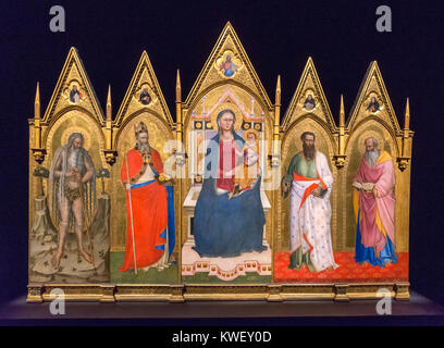 Polyptychon mit Madonna mit Kind und Heiligen Onuphrius, Nikolaus von Bari, Bartholomäus und Johannes der Evangelist, Tempera auf Holz, c. 1366-71 Stockfoto