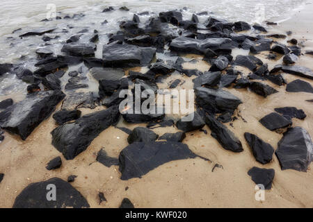 Sammlung der schwarzen Steine auf der Küste Nordsee Strand bei Ebbe. Stockfoto