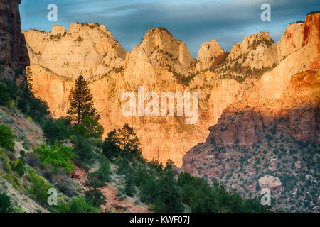 Sunrise beleuchtet die Türme der Jungfrau im Zion National Park, Utah Stockfoto