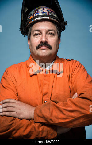 Randy Bryce, der demokratische Kandidat für die Wisconsin 1 Kongreßbezirk. Er ist eine eiserne Arbeiter, Union, und als "das Bügeleisen Stache bekannt." Stockfoto