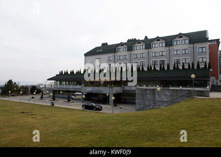 Das Hotel Habakuk in der Pohorje Berge in der Nähe von Maribor, Slowenien. Das luxuriöse Hotel verfügt über ein Thermalbad und Behandlungszentrum. Stockfoto