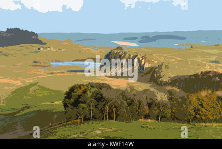 Eine Illustration im Posterstil, die einem Foto von Hadrian's Wall Northumberland, England, Großbritannien entnommen ist Stockfoto
