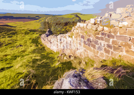 Eine Illustration im Posterstil, die einem Foto von Hadrian's Wall Northumberland, England, Großbritannien entnommen ist Stockfoto