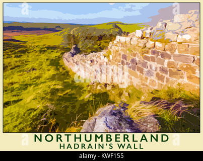 Eine Illustration im Posterstil, die einem Foto von Hadrian's Wall Northumberland, England, Großbritannien entnommen ist Stockfoto