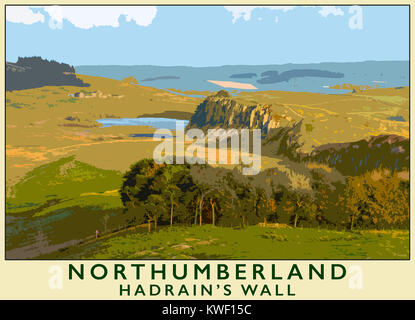 Eine Illustration im Posterstil, die einem Foto von Hadrian's Wall in Northumberland, England, Großbritannien entnommen ist Stockfoto