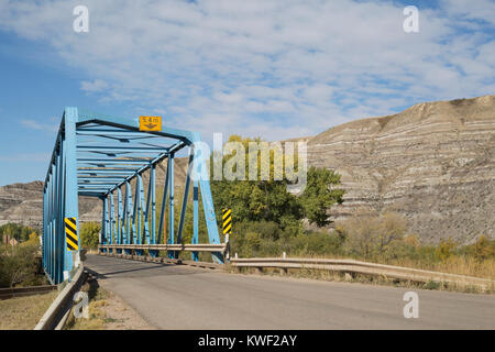 Einspurige Metallbrücke, #9 einer Serie von 11 Brücken über den Rosebud River auf einer 6 km langen Strecke von Rosedale nach Wayne im ländlichen Alberta, Kanada Stockfoto