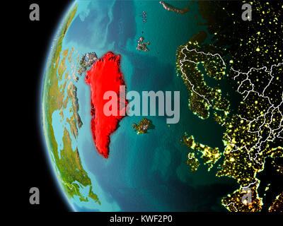Abends über Grönland als aus dem Weltraum auf dem Planeten Erde mit sichtbaren Grenzen und die Lichter der Stadt gesehen. 3D-Darstellung. Elemente dieses Bild eingerichtet Stockfoto