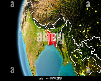 Abend über Bangladesh ab Platz auf dem Planeten Erde mit sichtbaren Grenzen und die Lichter der Stadt gesehen. 3D-Darstellung. Elemente dieses Bild furnishe Stockfoto