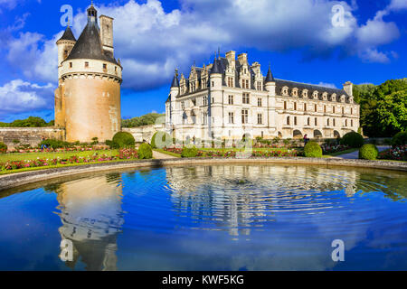 Elegante Chenonceau mittelalterliche Burg, Loire-tal, Panoramaaussicht, Frankreich. Stockfoto