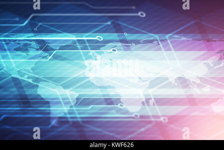 Welt Karte Technologie Chip blauer Hintergrund mit schrägen Streifen und Farbe Suchscheinwerfer Stockfoto