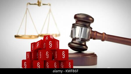 3D Section Symbol Symbole und Gerechtigkeit gavel mit Balance Skalen Stockfoto