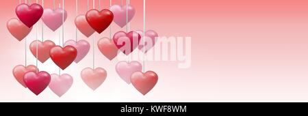 Sprudelnde Valentinsherzen hängen an der Schnur Stockfoto