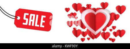Verkauf Text und Papier Valentines Herzen Stockfoto