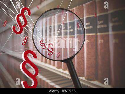 3D-Vergrößerungsglas über Büchern mit Abschnittsymbolen Stockfoto