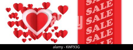Verkauf Text und Papier Valentines Herzen Stockfoto