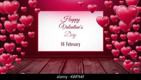 Alles Liebe zum Valentinstag 14. Februar Text und glänzend sprudelnden Valentines Herzen im Zimmer mit Holzfloo Stockfoto