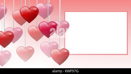Bubbly Valentines Herzen hängen an String mit leerer Box Stockfoto