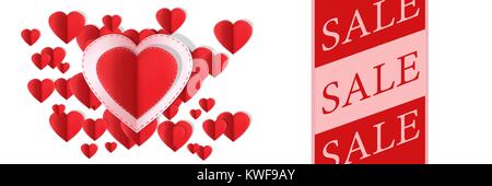 Verkauf Text und Papier Valentines Herzen Stockfoto