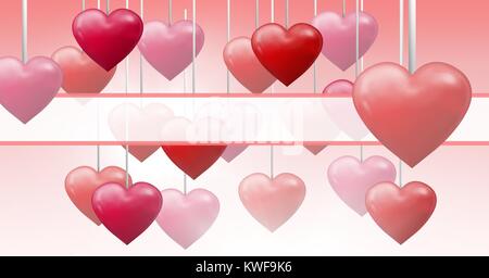Bubbly Valentines Herzen hängen an String mit leerer Box Stockfoto