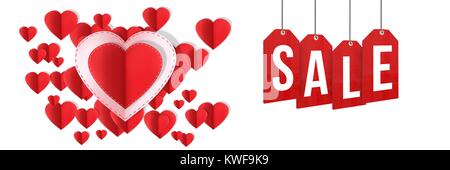 Verkauf Text und Papier Valentines Herzen Stockfoto